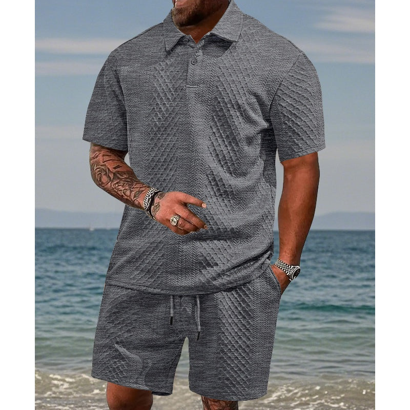 Men's two-piece set with diamond pattern: short-sleeved shirt with collar & shorts with drawstrin